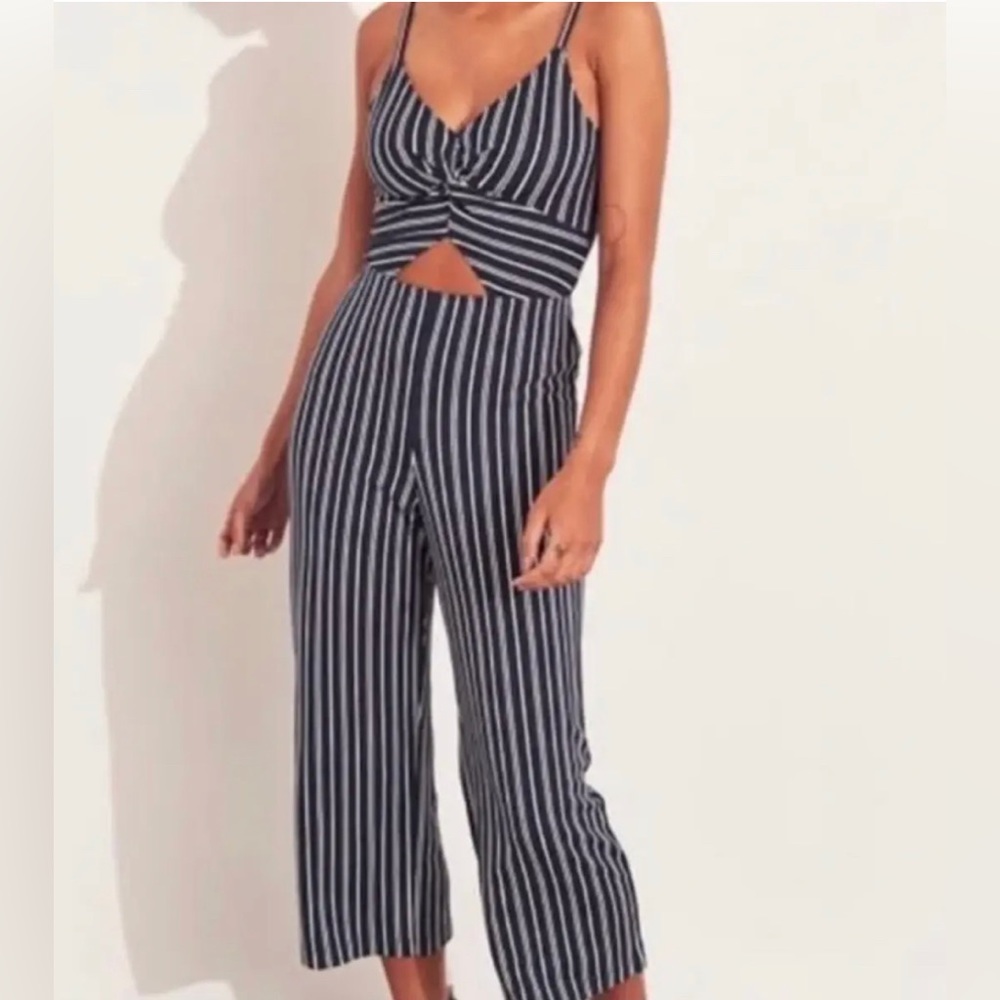Hollister Small S Navy Blue White Striped Knit Cut Out Wide Leg Crop Jumpsuit